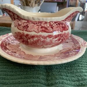 Vintage Mason's Vista Red Pink Round Gravy Sauce Boat With Attached Underplate